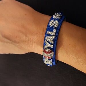 NWOT Blue Leather Rhinstone Kansas City ROYALS Adjustable Snap Bracelet